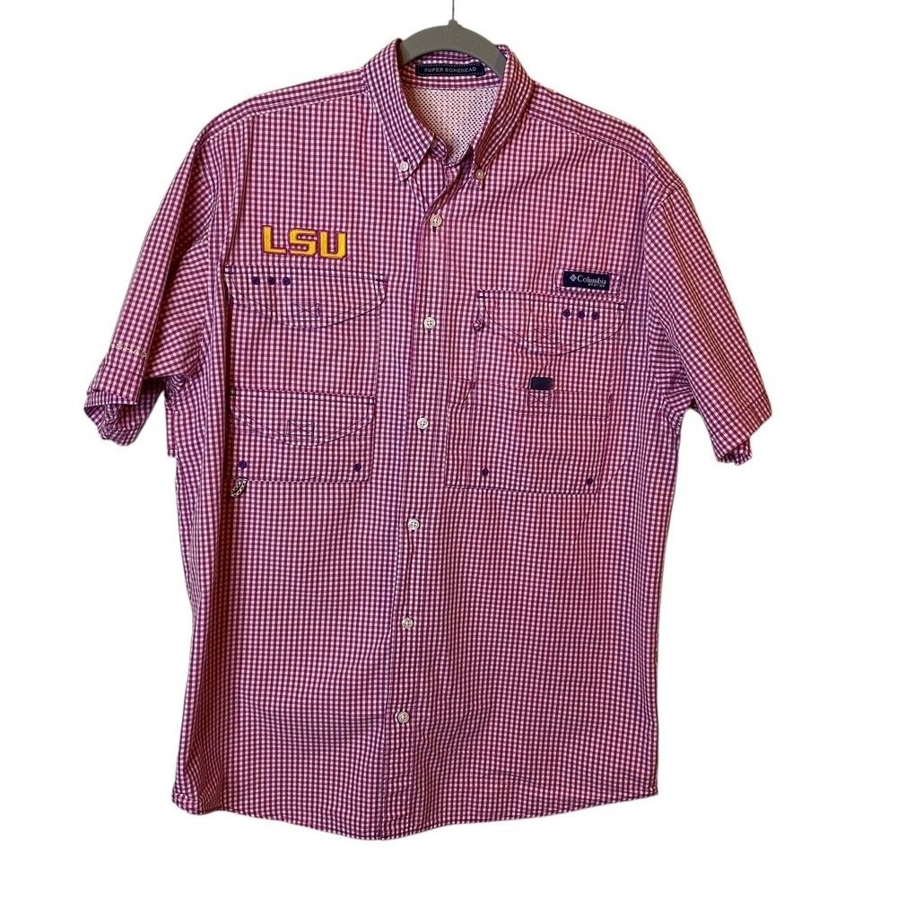 Columbia PFG Super Bahama Fishing Shirt LSU Logo Pink Red Gingham Men's Medium